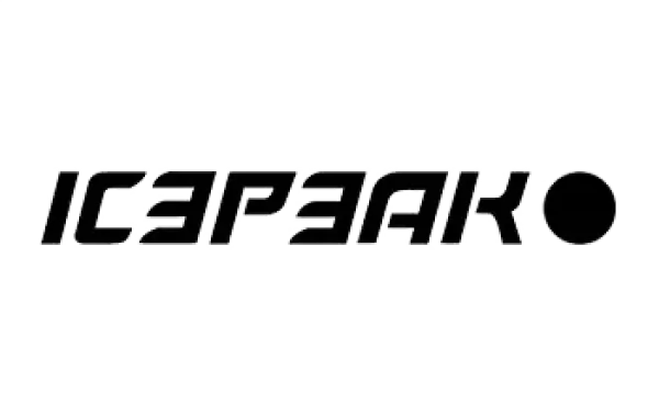 Stilisiertes Logo mit dem Wort „ICEPEAK” in fetten, metallischen Buchstaben. Der Text ist leicht kursiv und hat ein modernes, elegantes Design.