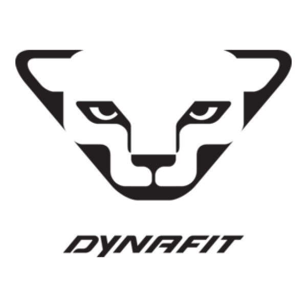 Schwarzes geometrisches Katzenlogo, das einem stilisierten Panthergesicht ähnelt, mit dem Schriftzug „DYNAFIT“ in Fettdruck darunter, das ein Gefühl von Eleganz und Stärke vermittelt.