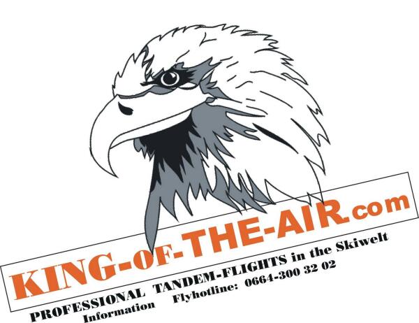 Adlerillustration mit intensivem Blick über dem schräg gestellten Text „KING-of-THE-AIR.com” in Orange. Darunter wirbt schwarzer Text für Tandemflüge und enthält Kontaktdaten.