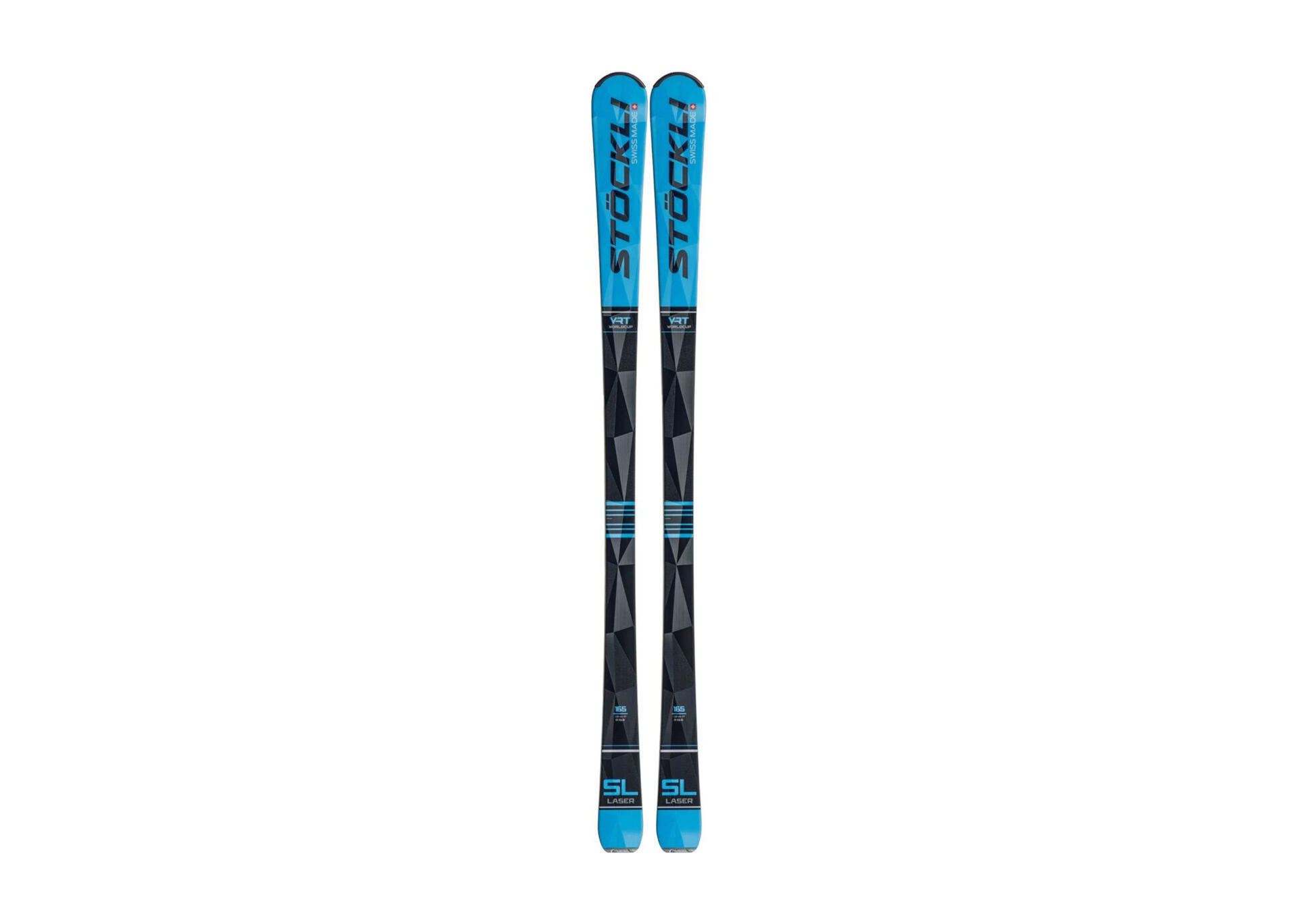 A pair of sleek skis with a vibrant geometric pattern in blue and black. The word “STÖCKLI” is printed on the upper part, giving them a sporty, dynamic look.