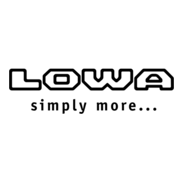 Stilisiertes Logo mit dem Wort „Lowa” aus leeren Buchstaben. Darunter der Slogan „simply more...” in schwarzen Buchstaben.