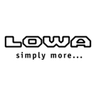 Stilisiertes Logo mit dem Wort „Lowa” aus leeren Buchstaben. Darunter der Slogan „simply more...” in schwarzen Buchstaben.