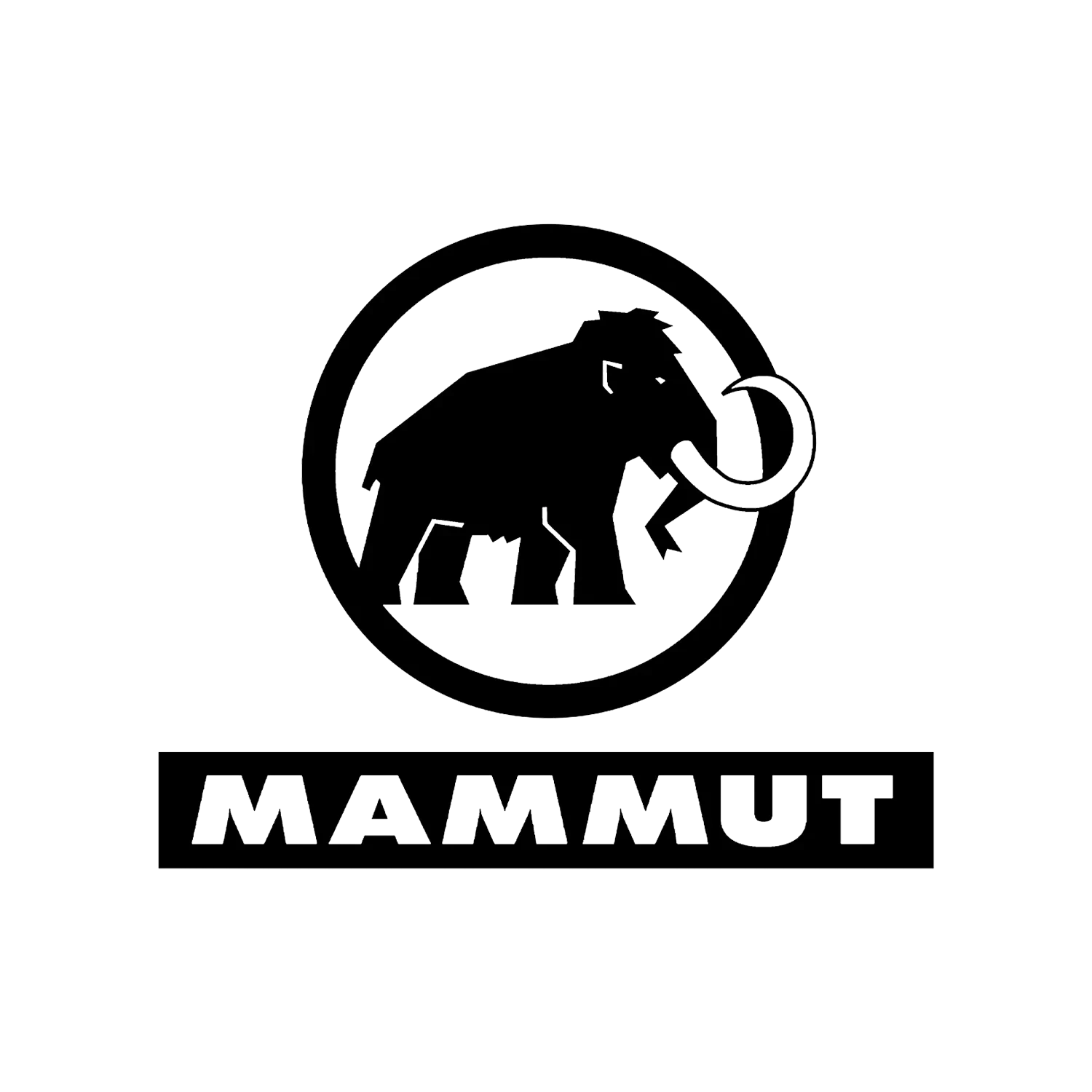 Schwarze Silhouette eines Mammuts innerhalb eines kreisförmigen Rahmens, darunter in fetten Großbuchstaben „MAMMUT“. Das Logo vermittelt Kraft und Abenteuerlust.