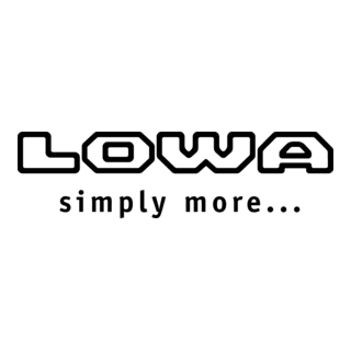 Stilisiertes Logo mit dem Wort „Lowa” aus leeren Buchstaben. Darunter der Slogan „simply more...” in schwarzen Buchstaben.